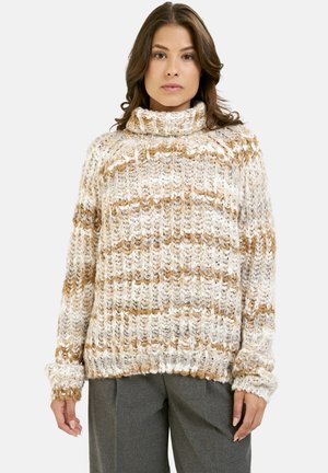 Chunky knit sweater with a turtleneck, featuring alternating cream and beige stripes, designed with a relaxed fit and ribbed cuffs.