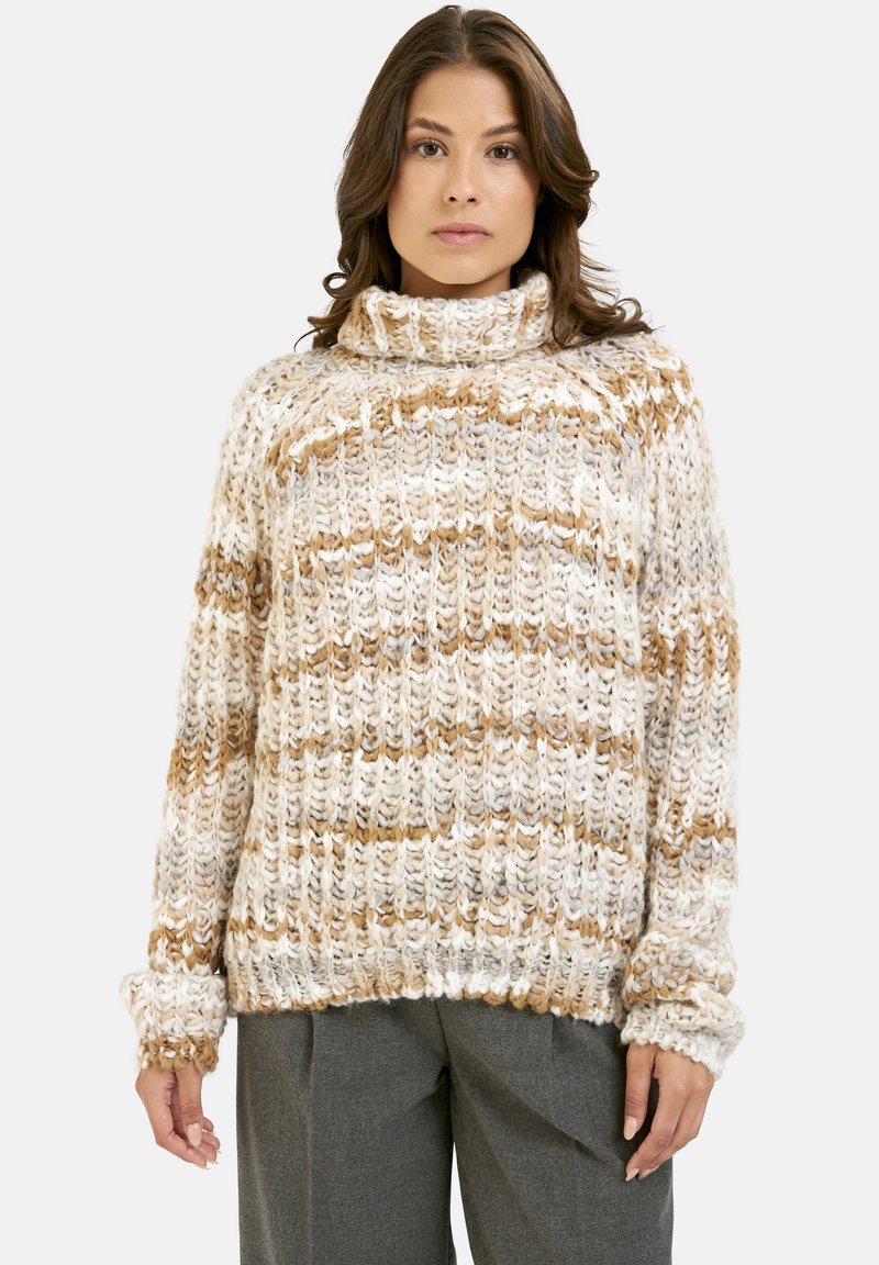 Flauschiger Strickpullover mit Rollkragen, der abwechselnd in Cream- und Beigetönen gestreift ist, mit einem lässigen Schnitt und gerippten Bündchen.
