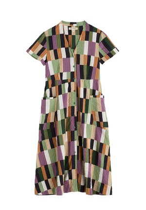 Knopen-front korte mouwen jurk met grote opgestikte zakken, met een meerkleurig geruit patroon in groen, paars, zwart, oranje en beige.