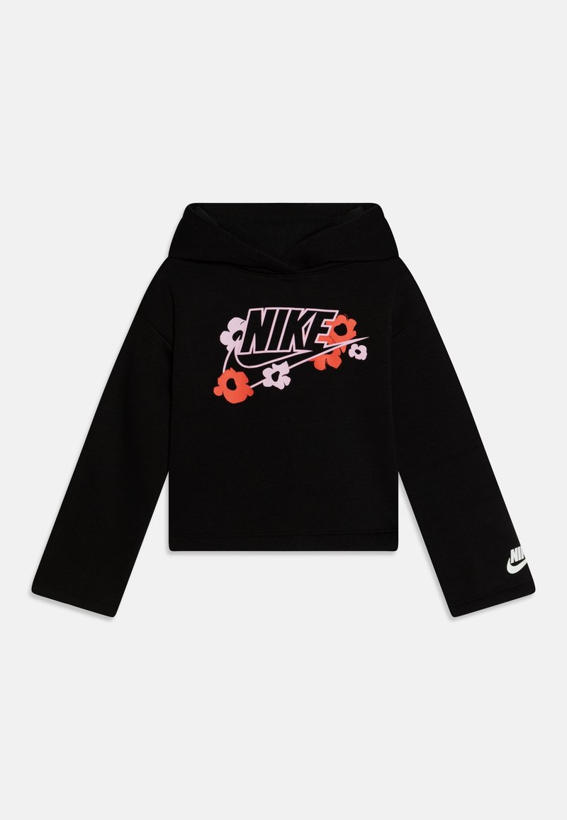 Sweat à capuche Nike noir à manches longues avec un motif floral rose et rouge entourant le logo Nike sur la poitrine et un logo blanc sur la manche gauche.
