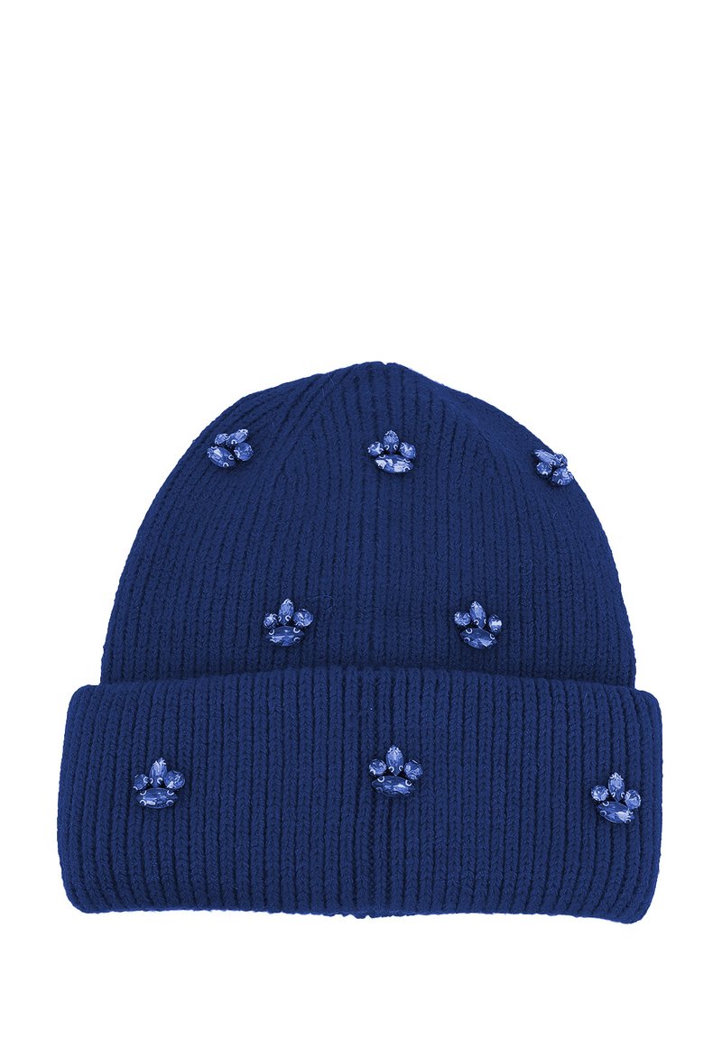 Cappello di lana blu navy con texture a coste, decorato da impronte di zampa in pietre preziose blu sparse sul tessuto e con un risvolto nella parte inferiore.