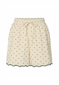 Pantalones cortos beige con patrones de ojos negros, cintura elástica con cordón y dobladillo festoneado. Hechos de una tela suave para mayor comodidad.