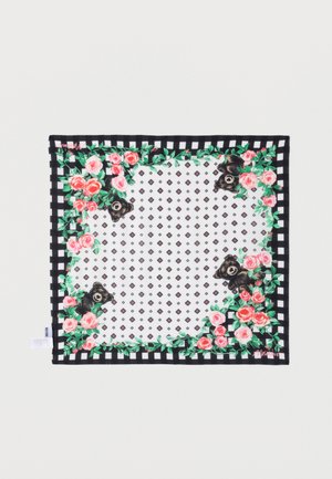 Square scarf featuring a black-and-white checkered border, floral roses, and bear illustrations on a sheer background with a diamond pattern.