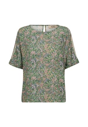 Bluza cu mâneci scurte, imprimeu floral în verde, piersică și albastru, decolteu rotund și închidere mică cu nasture la spate, tip cheiță.
