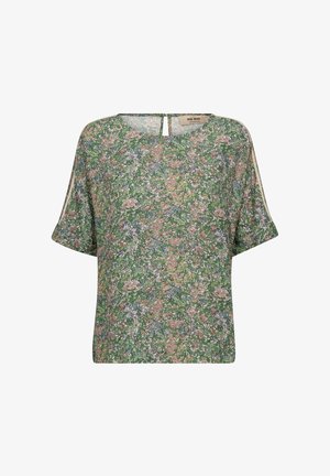 Lühikeste varrukatega pluus roheliste, virsikuvärviliste ja siniste lillemotiividega, ümar kaelus ning väike tagumine nupuava sulgemine.