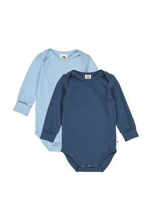 To langærmede babybodyer med tryklåse, én lyseblå og én mørkeblå, lagt fladt.