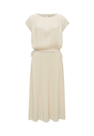 Kremfarvet midi-kjole med korte ærmer, plisseret stof, rund halsudskæring, elastisk talje med bindebånd i siden og en let udvidet nederdel.