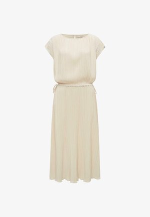Vestito midi color crema a maniche corte con tessuto plissettato, scollo rotondo, vita elastica con laccetti laterali e gonna leggermente svasata.