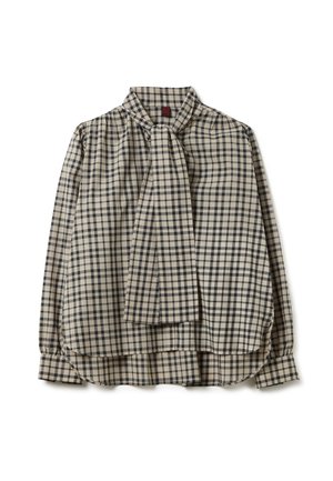 Camicia a scacchi beige e nera con cravatta, tessuto morbido, maniche lunghe, spalle plissettate e orlo curvo.