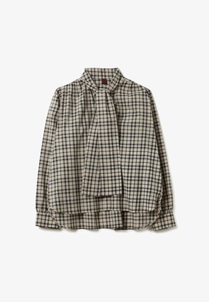 Beige and black checkered shirt with a neck tie, soft fabric, long sleeves, pleated shoulders, and a curved hemline.