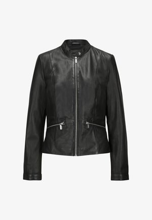 Schwarze Lederjacke mit Stehkragen, Frontreißverschluss, zwei Reißverschlusstaschen und glatter Textur. Figurbetontes Design mit langen Ärmeln.