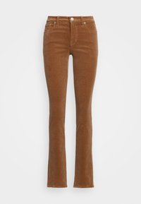 Pantalons en velours côtelé slim-fit marron avec fermeture par bouton et zip à l'avant, passants de ceinture et design classique à cinq poches.