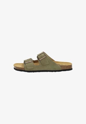 Green suede sandals with two adjustable buckles, cork footbed, and textured black rubber sole. Open-toe design with a curved shape.