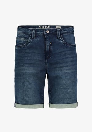 Dunkelblaue Jeansshorts mit klassischem Five-Pocket-Design, umgeschlagenen Säumen und sanften Verwaschungen für einen lässigen Look. Markenlabel: Sublevel.