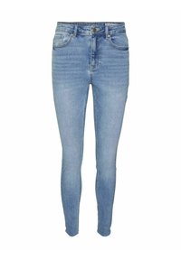 Tanke jeans iz svetlo modrega denima z zbledelem dizajnom, petimi žepi in surovim robom pri gležnju. Imajo gumb in zadrgo za zapiranje.