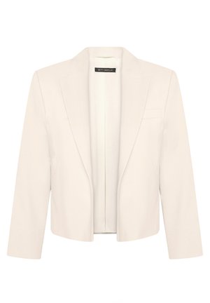 Veste blazer ajustée de couleur crème avec manches longues, revers crantés et ourlet court, design à ouverture avant.