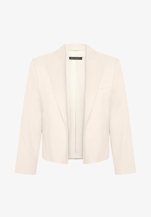 Cremefarbener, maßgeschneiderter Blazer mit langen Ärmeln, Reverskragen und kurzem Saum, offen gestaltet.