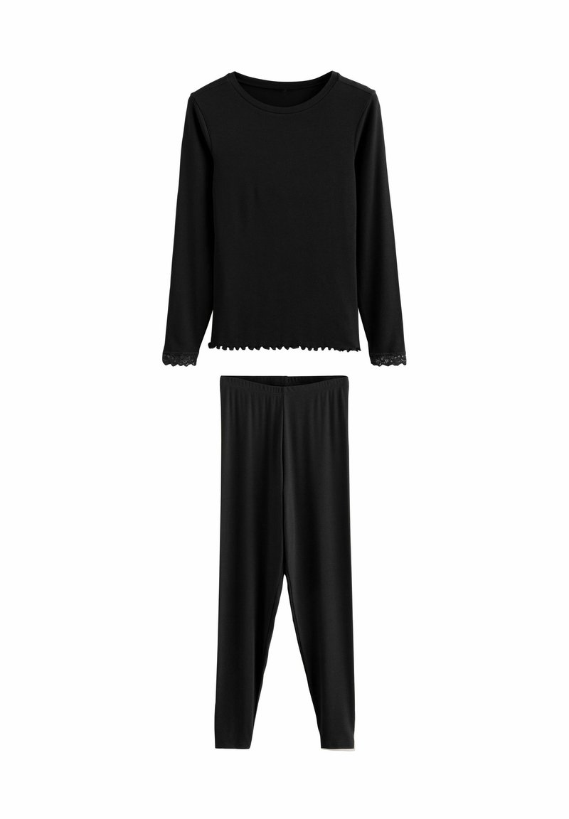 Schwarzes Zweiteiler-Set mit einem Langarmoberteil mit gewelltem Saum und passenden Leggings, aus weichem, geripptem Stoff gefertigt.