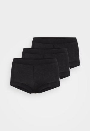 Trois paires de boxers noirs en coton avec une texture lisse et des ceintures élastiques. Chaque paire présente un design simple, sans motifs.