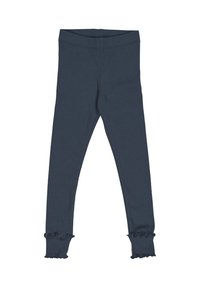 Leggings blu navy realizzati in un tessuto morbido e elasticizzato. Presentano una vita liscia e polsini arricciati alle caviglie.