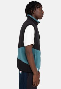 Black and teal sleeveless vest with a high collar; made of fleece material. Features contrasting color blocks and side pockets.