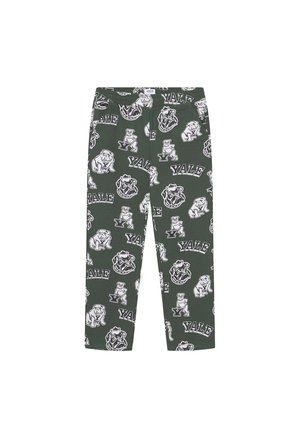 Green pajama pants with a repeated white print of bulldogs and "YALE" text. Elastic waistband, casual fit, soft fabric texture.