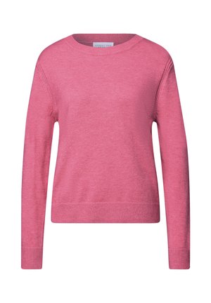 Różowy sweter z długim rękawem, o okrągłym dekolcie oraz ściągaczach przy mankietach i dolnej krawędzi, wyeksponowany na białym tle.