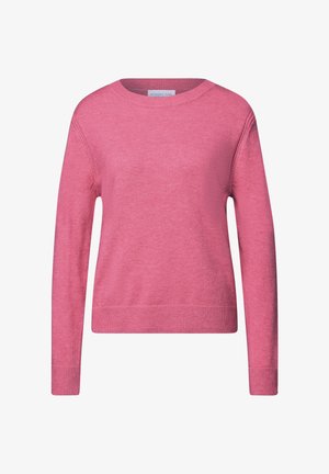 Langærmet lyserød strikket sweater med rund hals og ribbet ærmer samt kant, præsenteret mod en hvid baggrund.