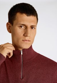 Maglione bordeaux con zip e collo alto, caratterizzato da una texture a coste e dettaglio della zip in metallo, indossato da una persona che tiene il colletto.