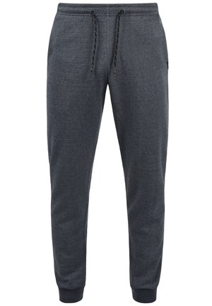 Dark gray joggers made of soft fabric. Features an elastic waistband with adjustable drawstrings, tapered legs, and ribbed ankle cuffs.