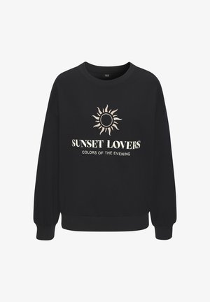 Schwarzes Sweatshirt mit grafischem Sonnenmotiv und dem Text "SUNSET LOVERS COLORS OF THE EVENING" in Beige. Gerippte Bündchen und Saum.