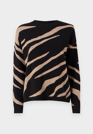 Pull noir avec motif rayé tigre beige, présentant un col rond, des manches longues et une texture douce. Finition des bords en côtelé.