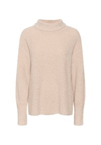Pull beige doux à manches longues avec un col roulé haut et légèrement ample, fabriqué dans un tissu à texture duveteuse.