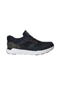 Navy athletic shoes with a mesh upper, padded collar, and contrasting gray accents. Features white rubber sole and orange laces.