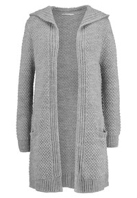 Grå stickad cardigan med huva, som har en strukturerad maskdesign, ribbade kanter, öppen framsida och två framfickor.