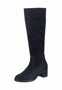 Botas negras hasta la rodilla, hechas de suave ante, con un tacón ancho y paneles laterales elásticos para facilitar su uso. Textura suave, con un diseño minimalista.