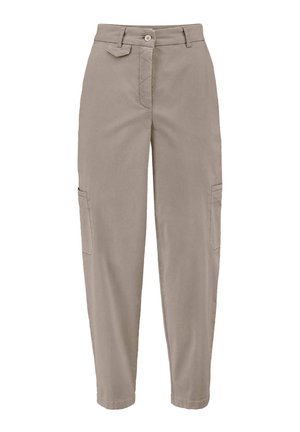 Beige Cargo-Hosen aus Baumwollmischung, mit geradem Schnitt, zwei Seitentaschen und zwei Beintaschen, mit Knopfverschluss und Gürtelschlaufen.
