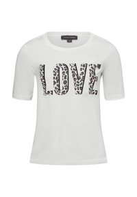 White short-sleeve t-shirt with "LOVE" printed in bold letters featuring a leopard print pattern. Soft cotton material, relaxed fit.