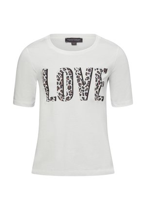 White short-sleeve t-shirt with "LOVE" printed in bold letters featuring a leopard print pattern. Soft cotton material, relaxed fit.