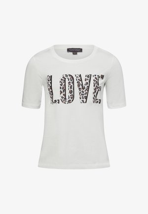 Weißes T-Shirt mit kurzen Ärmeln und dem Aufdruck "LOVE" in fetten Buchstaben, dekoriert mit einem Leopardenmuster. Aus weichem Baumwollmaterial mit lockerer Passform.