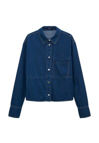 Dark blue denim jacket with a collared neckline, front button closure, one chest pocket, and contrasting stitching details.