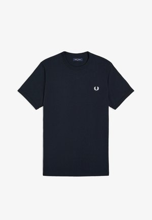 Camiseta de manga corta con cuello redondo de color azul marino, con un pequeño logo de corona de laurel blanca en el pecho izquierdo.