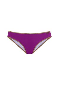 Vijolični bikini hlačke z zlatim dodatki, ki se ponašajo z gladko teksturo in nizkim rezom. Poudarki vključujejo kontrastne bočne panele v svetlejši odtenek.