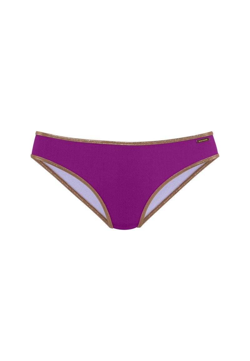 Vijolični bikini hlačke z zlatim dodatki, ki se ponašajo z gladko teksturo in nizkim rezom. Poudarki vključujejo kontrastne bočne panele v svetlejši odtenek.