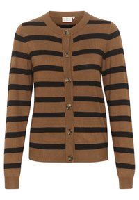 Bruine en zwarte gestreepte cardigan met een ronde hals, knoopsluiting en geribde manchetten. Bevat grote bruine knopen en een zachte textuur.