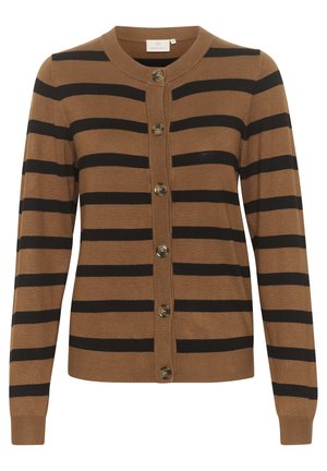 Brun och svart randig kofta med rund halsringning, knappad fram och ribbade ärmslut. Har stora bruna knappar och en mjuk textur.