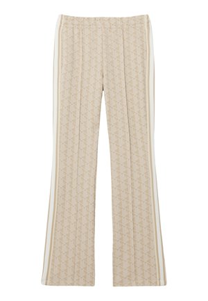 Pantaloni beige a zampa con un motivo geometrico sottile e righe verticali bianche e beige lungo le gambe esterne.