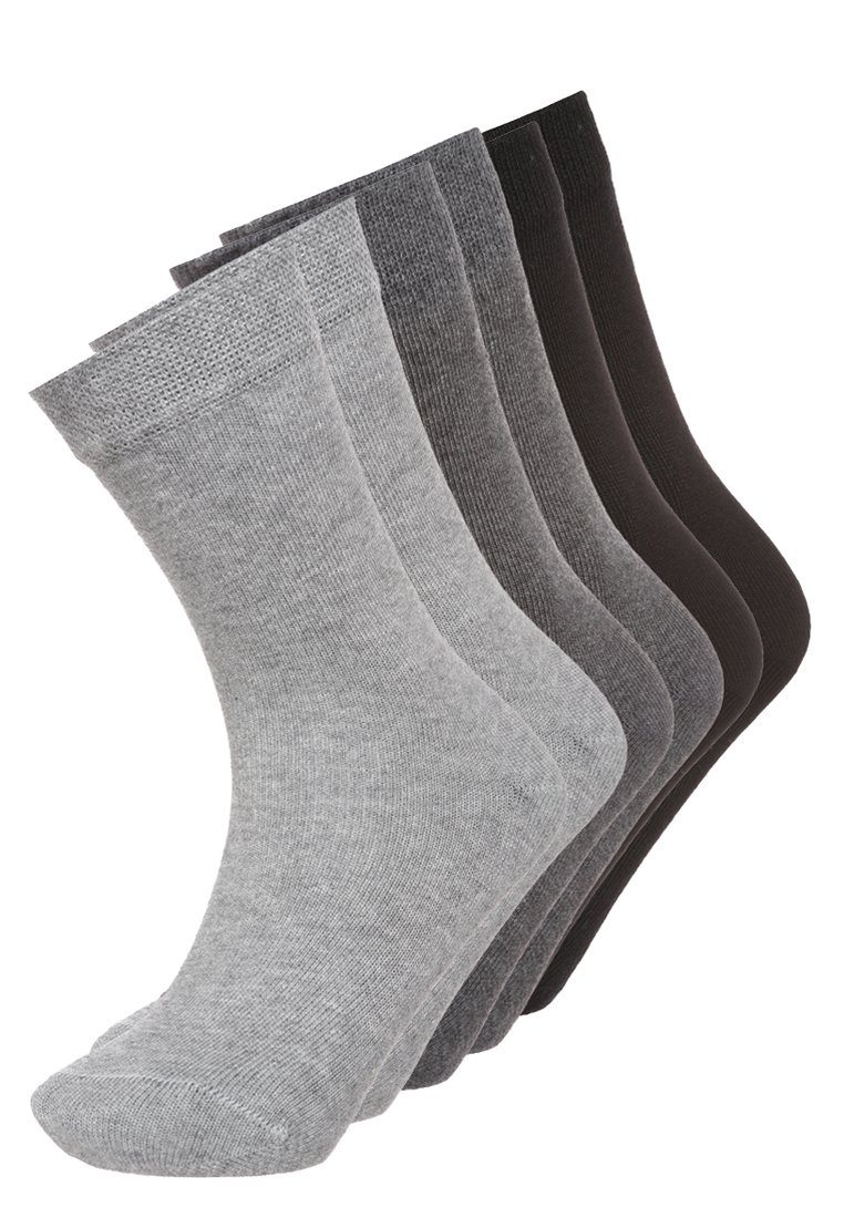 Fünf Paare kniehoher Socken in verschiedenen Grautönen und Schwarz, aus strukturiertem Stoff mit gerippten Oberteilen für zusätzlichen Komfort.