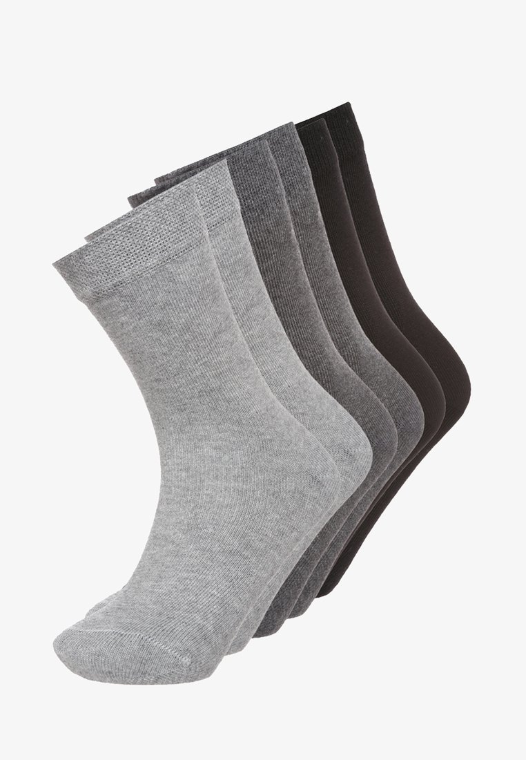 Cinque coppie di calzini alti fino al ginocchio in diverse tonalità di grigio e nero, realizzati in tessuto strutturato con bordi a costine per un maggiore comfort.