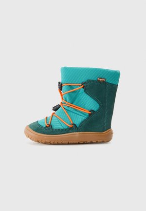 Child's teal winter boot with orange elastic laces, suede accents, and a brown rubber sole, set against a plain light gray background.